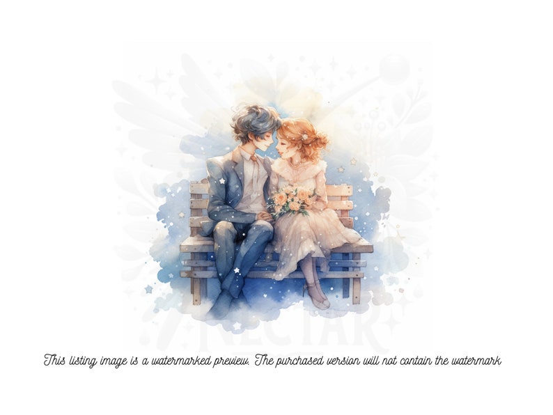 Watercolor couple on bench Valentine's card, watermark detail, for a digital romantic gift.