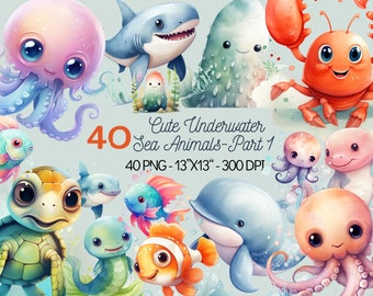 Pack de cliparts créatures de l'océan (partie 1) 40 adorables animaux marins aquarelles pour chambre d'enfant, art mural de bébé et plus encore ! Utilisation commerciale - Téléchargement instantané