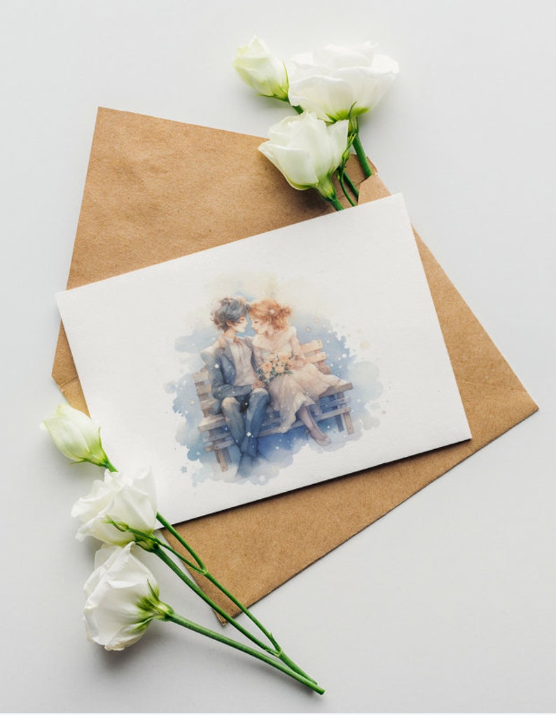 Valentine's Day card mockup with watercolor couple illustration, white roses, and craft envelope.