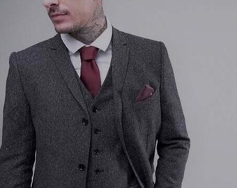 Herren Maßanzug Maßanzug Tweed Dreiteiler Vintage Style Grauer Herrenanzug für Hochzeit, Verlobung, Winter, Bräutigam tragen und Bräutigam Männer