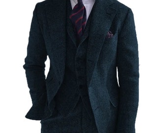 2024 Art und Weise Lässige Marine Wolle Tweed Männer Anzüge Für Winter-Hochzeit-formales 3-teiliges Herringbone-gesetzte Jacke-Weste mit Hosen