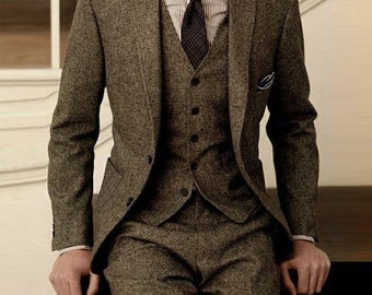 Herren 1920er Jahre Anzug Braun Wolle Retro 3-Teiler Gentleman's Tweed Suit For Men.