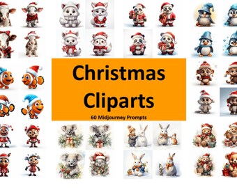 60 Midjourney Prompt, Digital Art, Christmas Cliparts Prompts, Midjourney AI Art, AI Generate Print, Animal clipart promts set