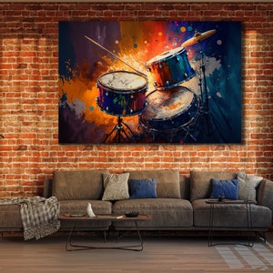 May include: A colorful abstract painting of a drum set with splashes of paint and a drumstick. The drums are red, blue, and yellow.