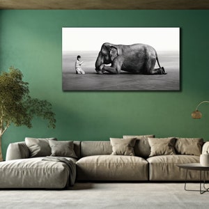 Junge liest Elefant Leinwand Kunst, Elefantendruck Wandkunst, Büro Wanddekoration, Tiere Wanddekor, Leinwanddruck Bild für Bauer