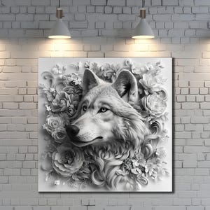Wolf Canvas Wall Art, Animals Wall Decor, Dining Room Decor, Print Picture for Home, Flower and Wolf Poster, Wolf Print Art, Wolves Artwork