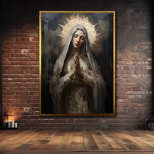 De Maagd van Maria canvaskunst, religieuze kunst aan de muur, kantoor muur decor, Maria schilderij op canvas, religieuze print kunst, ingelijste print kunst