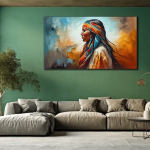 Native Warrior Canvas Art Print, Ethnic Wall Art, Spirit&Girl Painting, Native Indian Woman Poster, Colorful Canvas, Ethnic Livingroom Decor