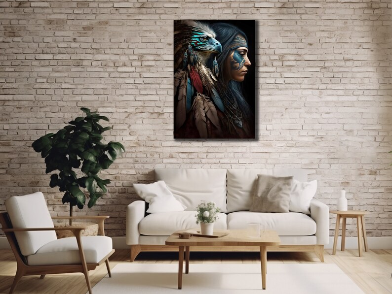 Native Warrior Canvas Art Print, Ethnic Wall Art, Eagle Spirit&girl