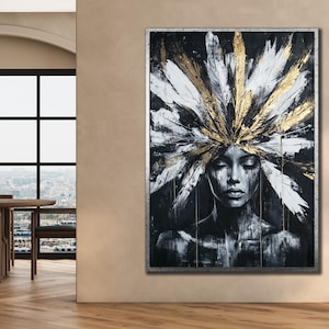 Native Warrior Canvas Art Print, Ethnic Wall Art, Spirit&Girl Painting, Native Indian Woman Poster, Wall Hanging, Ethnic Livingroom Decor