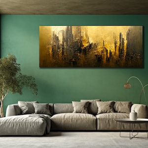 Golden City Wandkunst, Abstrakte Wandkunst, Goldene Leinwand, fertig zum Aufhängen, Landschaftsbild, Schwarz & Gold Leinwand