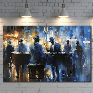 Jazz Band Ölgemälde Auf Leinwand, Jazz Club Wand Kunst Druck, Nacht und Musik Wanddekor, Instrumentenmalerei Kunstwerk, Buntes Jazz Poster