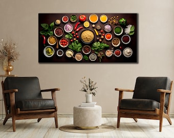 May include: A flat lay image of various spices, herbs, and ingredients in small bowls on a dark brown surface. The ingredients include red pepper flakes, dried herbs, spices, red onion, garlic, tomatoes, and avocado.