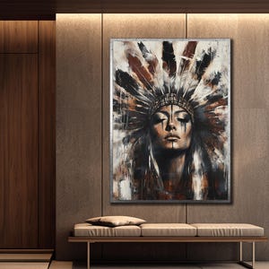 Native Warrior Canvas Art Print, Ethnic Wall Art, Spirit&Girl Painting, Native Indian Woman Poster, Wall Hanging, Ethnic Livingroom Decor