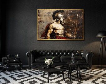 May include: An oil painting of a Spartan warrior in a gold frame hangs above a black leather sofa. The artwork depicts the warrior in a helmet, holding a spear, with a red cloth draped over his shoulder. The room has a black and white patterned rug.