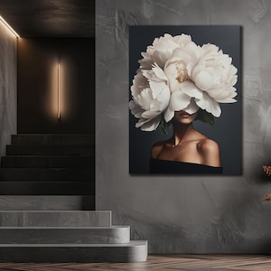 Portrait Woman with Flowers Head Canvas, Roses Wall Poster, Black Girl Wall Art Print, Flower Canvas Painting,Abstract Flower Woman Wall Art