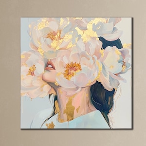 Woman with Flowers Head Canvas, Painting on Canvas, Elegant Roses Wall Decor, Girl Wall Art Print, Flower Canvas Painting,Woman Canvas Print