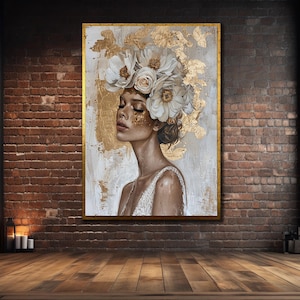 Portrait Woman with Flowers Head Canvas, Roses Wall Poster, Black Girl Wall Art Print, Flower Canvas Painting,Abstract Flower Woman Wall Art