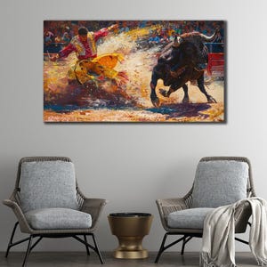 Bullfights Canvas Print Art, Colorful Painting Canvas, Farm Animal Wall Decor, Print Picture for Farmer, Spanish Matador and Bull Poster