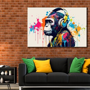 Dj Monkey Canvas Printing, Pop Art Canvas Painting, Gorilla With Headphone Wall Art, Animals Wall Decor, Colorful Funny Poster, Banksy Art