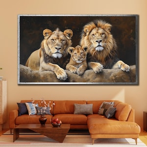 Toile à imprimé lion, oeuvre d&#39;art murale famille de lions, décoration murale animal, affiche tête d&#39;animal, prête à accrocher, oeuvre d&#39;art élégante sur toile de lion, impression encadrée