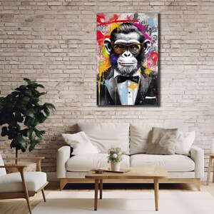 Monkey with Glasses Painting Canvas, Graffiti Canvas Printing, Banksy Monkey Wall Art,  Kids Room Decor, Gift for Boyfriend, Wall Hanging