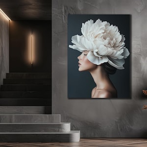 Portrait Woman with Flowers Head Canvas, Roses Wall Poster, Black Girl Wall Art Print, Flower Canvas Painting,Abstract Flower Woman Wall Art
