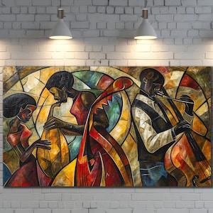 Pintura de banda de jazz sobre lienzo, impresión de arte de lienzo, arte de pared de música cubista, arte de pared del cubismo, arte de pintura de instrumentos, cartel de jazz colorido