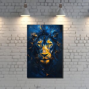 Blue Lion Printing Canvas, Majestic Lion Wall Art, Animals Wall Decor, Animal Head Poster, Ready To Hang Print, Abstract Lion Canvas Art