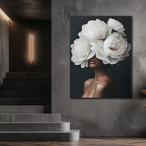Portrait Woman with Flowers Head Canvas, Roses Wall Poster, Black Girl Wall Art Print, Flower Canvas Painting,Abstract Flower Woman Wall Art