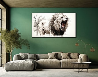 Abstract Lion Printing Canvas, Lion Wall Art, Animals Wall Decor, Animal Head Poster, Ready To Hang Print, Brown&White Lion Canvas Art