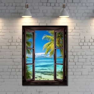 The Beach Palm Window View, Canvas Print Art, Window View Painting Canvas, Home Wall Decor, Window View Print, Print Picture for Wall