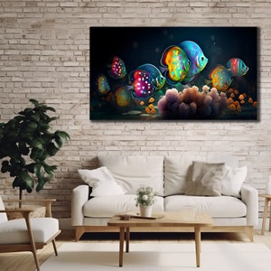 Tropical Fish Canvas Wall Art,  Colorful Fish Wall Decor, Dining Room Decor, Print Picture for Home, Extra Large Poster, Koi Fish Artwork