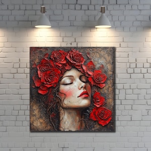 Woman with Flowers Head Canvas, Painting on Canvas, Red Roses Wall Decor, Girl Wall Art Print, Flower Canvas Painting,Woman Canvas Print