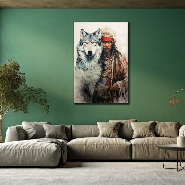 Impression d'art sur toile guerrier amérindien, art mural loups, peinture esprit loup et homme, affiche homme amérindien, tenture murale, décoration murale de salon