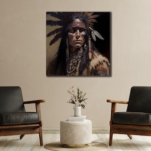 Native Warrior Canvas Art Print, Ethnic Wall Art, American Indian Painting, Native Indian Man Poster, Wall Hanging, Livingroom Decor