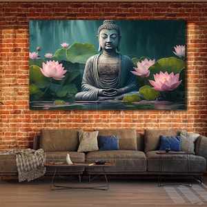 Buddha Painting on Canvas, Abstract Spiritual Wall Art, Lotus&Buddha Wall Decor, Dining Room Decor, Print Picture for Home, Buddhist Poster