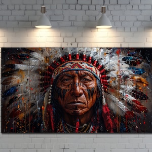 Native Warrior Canvas Art Print, Ethnic Wall Art, Spirit&Manl Painting, Native Indian Man Poster, Colorful Canvas, Ethnic Livingroom Decor