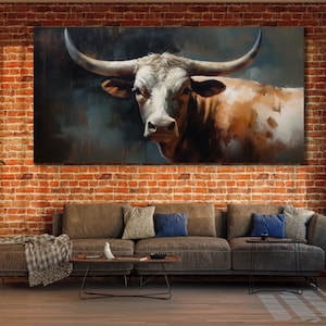 Texas Longhorn Cow Canvas Print Art, Cow Painting Canvas, Farm Animal Wall Decor, Longhorn Poster, Print Picture for Farmer, Wall Hanging