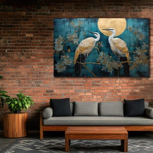 Gru Uccello&Luna Arte murale, Due gru Stampa artistica, Uccelli dipinti su tela, Poster sulla fauna selvatica, Elegante opera d'arte di gru, Dipinto di uccelli in stile giapponese