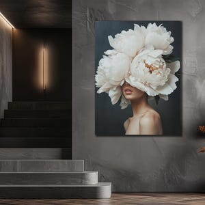 Portrait Woman with Flowers Head Canvas, Roses Wall Poster, Black Girl Wall Art Print, Flower Canvas Painting,Abstract Flower Woman Wall Art