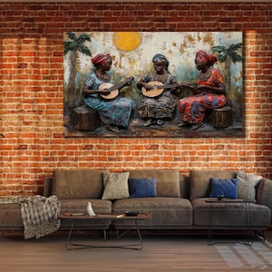 African Cultural Illustration Art Print, African Culture Women Canvas Wall Art, Music Artwork, Home Wall Decor, African Tribal Oil Painting