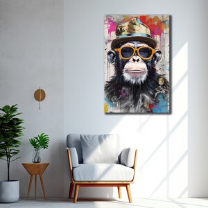 Monkey with Glasses Painting Canvas, Graffiti Canvas Printing, Banksy Monkey Wall Art,  Kids Room Decor, Gift for Boyfriend, Wall Hanging