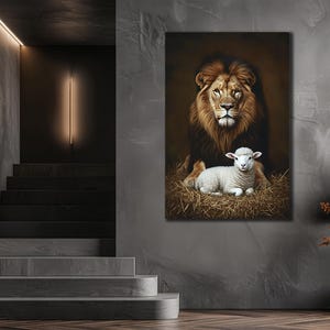 Lion&Lamb Printing Canvas, Lion Wall Art, Animals Wall Decor, Animal Head Poster, Ready To Hang Print, Lion Canvas Art, Religious Wall Decor