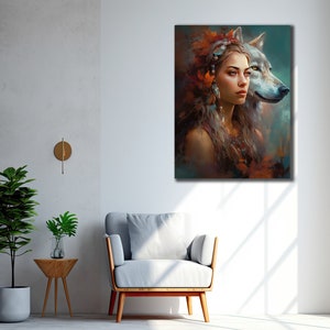 Native warrior Leinwand Kunstdruck, Wölfe Wandbild, Wolf Spirit&Girl Malerei, Indianerin Poster, Wandbehang, Wohnzimmer Dekor