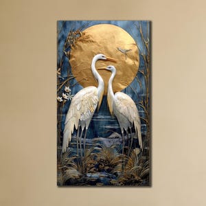 Crane & Moon Canvas Art: Elegant Japanese Style Wildlife Painting
