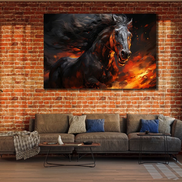 Horses Canvas Print Art, Black Horse Painting Canvas, Farm Animal Wall Decor, Dining Room Decor, Print Picture for Farmer, Wall Hanging