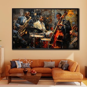 Music Frame Canvas Print, Jazz Band Painting On Canvas, Retro Jazz Wall Art, Music Wall Art, instrument Painting Artwork, Colorful Poster
