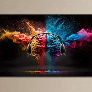 May include: A colourful abstract brain wearing headphones with colourful smoke or paint coming out of the ears. The brain is split in half, one side is yellow and orange, the other side is blue and purple.
