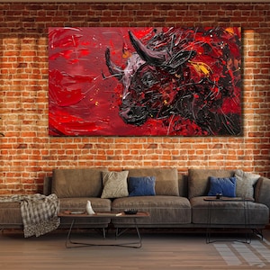 Bullfights Canvas Print Art, Red Bull Painting Canvas, Farm Animal Wall Decor, Print Picture for Farmer, Spanish Matador and Bull Poster